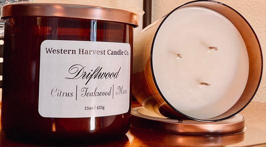 Driftwood 15oz amber jar candle.